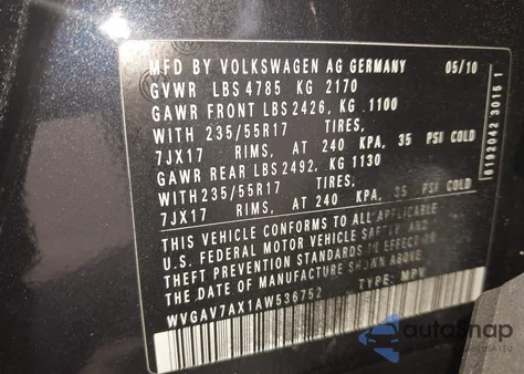 2010 Volkswagen Tiguan Wolfsburg Edition from USA, damaged, VIN WVGAV7AX1AW536752